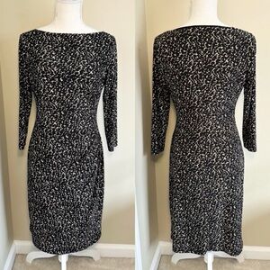 Lauren Ralph Lauren Dress 4 Black Beige Printed Ruched Half Sleeve Boat Neck